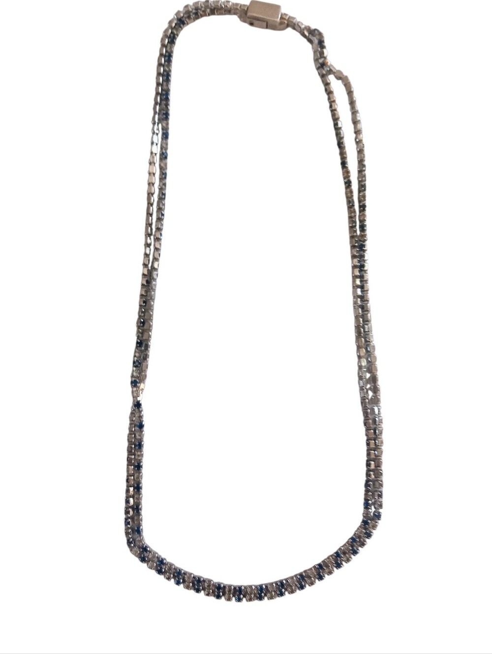 Double Strand Necklace Clear Prong Blue And White Rhinestones Secure Clasp
